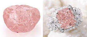 розовый алмаз и ограненный из него 6,43-каратный бриллиант